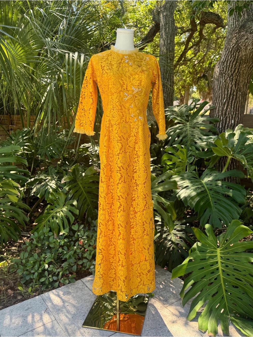 80s Mustard Lace Maxi Dress | Floral Appliqué Gown, High Slit